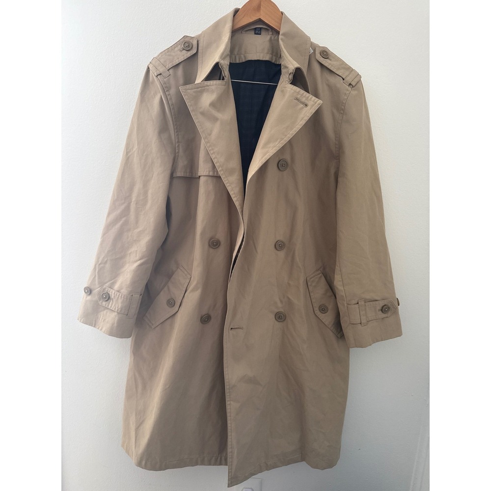 Hart Schaffner Marx 40R Tan Double Breasted Trench Coat Plaid Lining